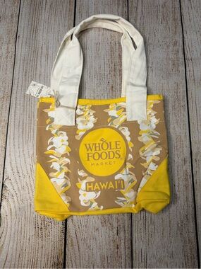Whole Foods Hawaii Tan With Yellow & White Plumeria Lei Tote Mini NWT